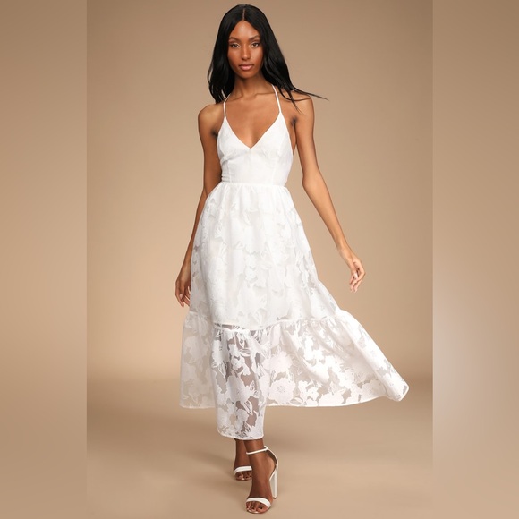 Lulus Dresses & Skirts - Lulu’s Feeling Like Forever White Jacquard Organza Floral Lace-Up Midi Dress